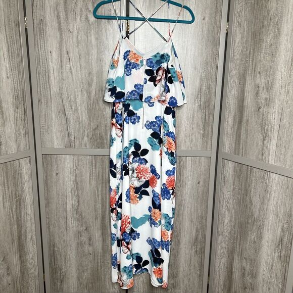 Vince Camuto Midi Dress White Color Floral Print Ruffle Neckline Size 4 - Picture 6 of 9